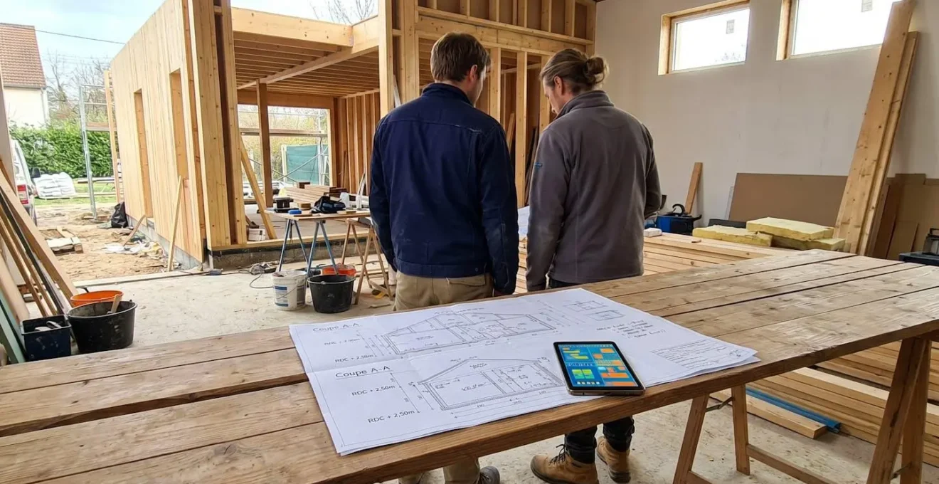 Deux personnes de dos consultant des plans architecturaux sur une table extérieure devant une ossature d'agrandissement résidentiel en construction