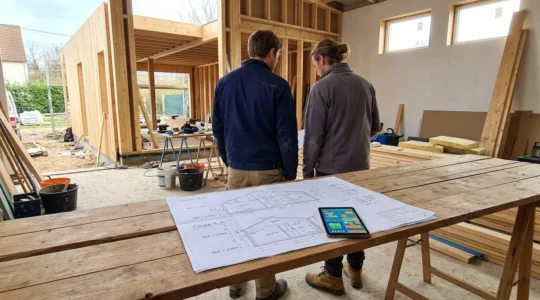 Deux personnes de dos consultant des plans architecturaux sur une table extérieure devant une ossature d'agrandissement résidentiel en construction