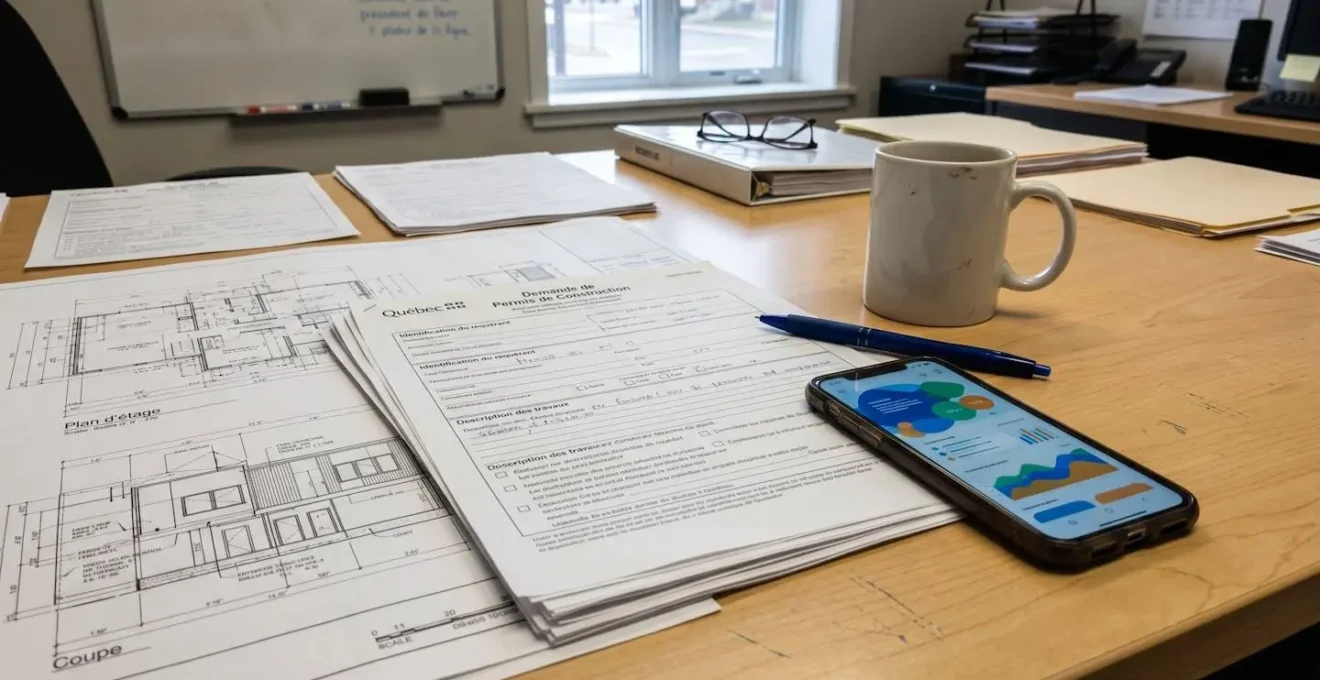 Gros plan de formulaires de demande de permis de construction municipaux et plans architecturaux étalés sur un bureau, avec tampons officiels visibles
