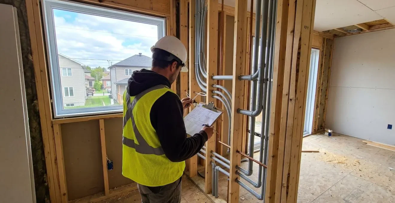 Travailleur de dos portant casque et gilet de sécurité inspectant l'installation de conduits électriques et tuyauterie dans l'ossature murale d'un agrandissement résidentiel