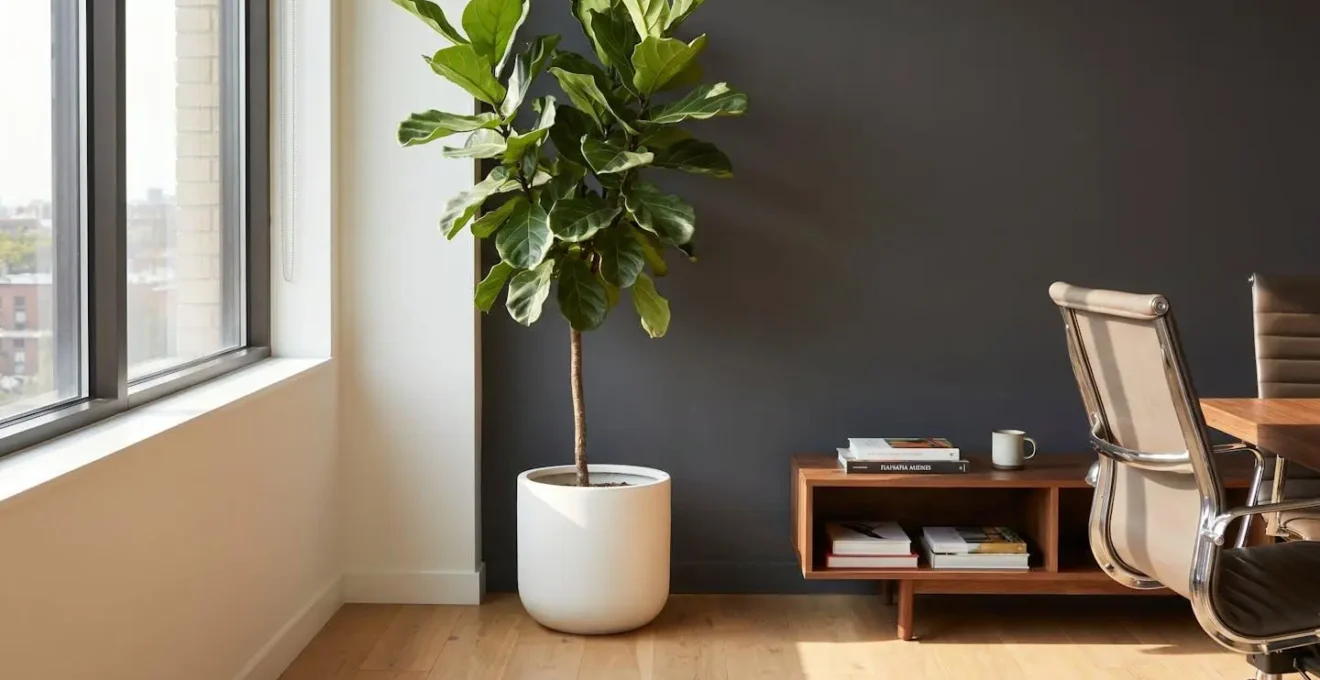 Coin d'une salle de réunion avec grande plante verte Ficus lyrata dans pot en céramique blanche, mur d'accent gris anthracite