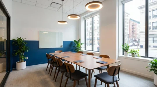 Salle de conférence rénovée avec peinture bicolore, éclairage LED et plantes vertes, ambiance professionnelle et lumineuse